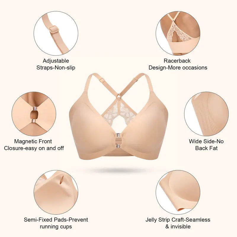 Front Closure Wireless Deep V Lace Bra