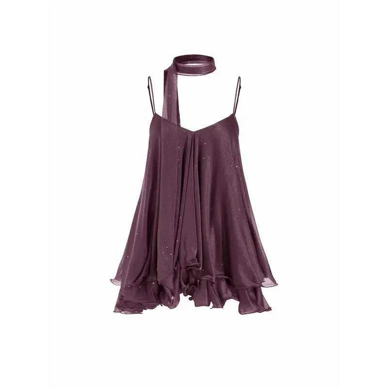 Women’s V-Neck Halter Glitter Mini Dress – Ruffled Hem & Scarf